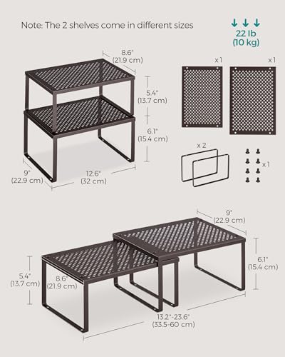 SONGMICS Spice Racks, Set of 2 Metal Cabinet Shelf Organizers, Countertop Organizers, Shelf Risers, Stackable, Expandable, Brown UKCS01BR - color: Brown, size: 2 Tiers (9"D x 12.6"W)