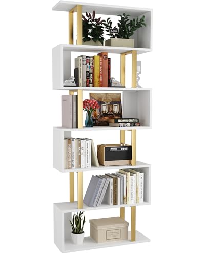Yusong Geometric Bookcase, S Shaped Bookshelf 6-Tier Book Shelves for Bedroom, Modern Wood Decorative Display Shelf Tall Book Case for Home Office, White and Gold - color: White and Gold, size: 27.8"W x 9.3"D x 74"H