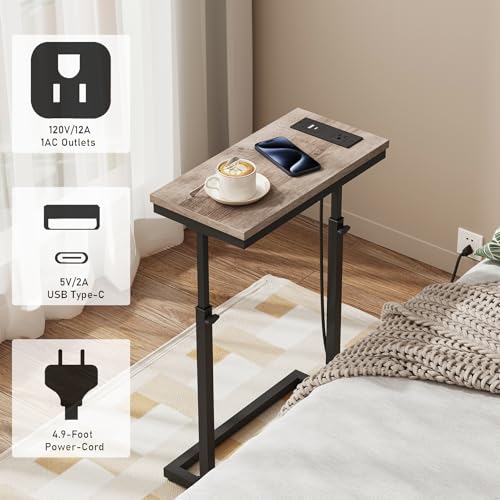 TUTOTAK End Table with Charging Station, Side Table, Tall Couch Table | Sofa Table, for living Room, Bedroom, Greige TB01BG084 - color: Greige, size: 1 Pack, style: With Plug