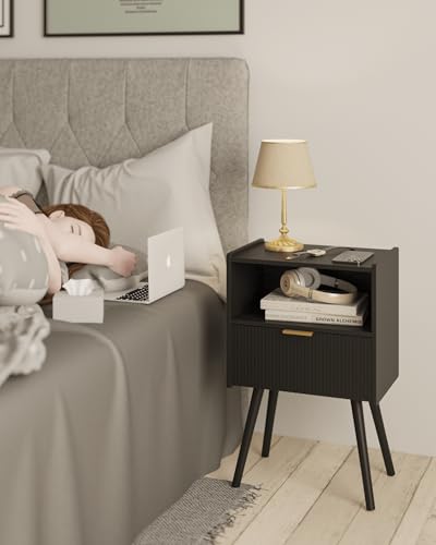 Black Nightstand,Modern Bedside Table with Storage Drawer and Open Wood Shelf, for Living Room, Bedroom and Small Spaces, Accent Night Stand with Solid Wood Legs, Easy Assembly,Classic Black - color: Black