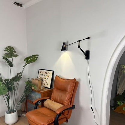 Adjustable Directional Plug in wall Light Swing arm, Unique Long Pole wall Lamps for Living Room Sofa Background Wall, Movable Retro Style Dining Table Large wall Mount lamp, E26 Base - color: Black Gold