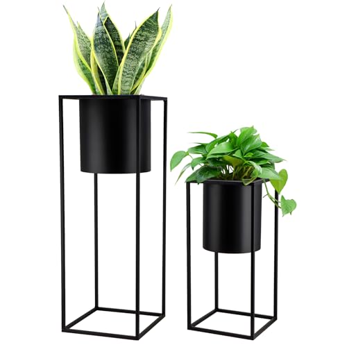 TRIROCKS Set of 2 Planters with Stand Large Metal Planter for Indoor Plants 28 &18" H Plant Pots for Living Room Corner Kitchen Office Garden Balcony Patio Decor(Black) - color: Black