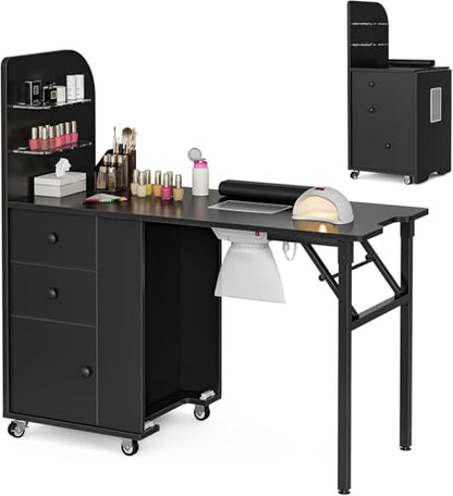 Foldable Nail Desk Manicure Table, Folding Nail Table Station for Nail Tech w/Dust Collector, 2 Open Shelves & 2 Drawers, Foldable Manicure Desk w/Wrist Cushion, Lockable Wheels - color: Black2