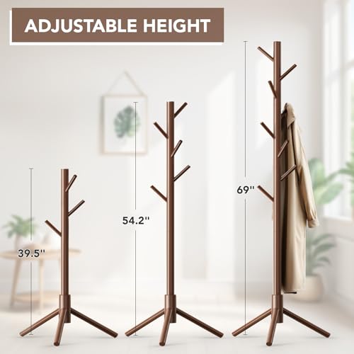 Hupmad Wooden Tree Coat Rack Stand,Sturdy Freestanding Coat Rack with 8 Hooks,3 Adjustable Height for Child Adult,Wood Coat Stand Tree Fits Entryway Bedroom Office for Bags,Hats - color: Brown, size: 1 PC