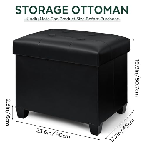 Ottoman with Storage, Rectangular Storage Ottoman, Faux Leather Ottomans with Legs for Living Room Bedroom Dorm, 23.6" D x 17.7" W x 19.9" H, Jet Black - color: Jet Black, size: 23.6"D x 17.7"W x 19.9"H