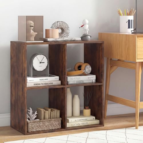 GIANTEX 4-Cube Bookcase, Cubby Bookshelf w/Back Guardrail & Anti-Tipping Kits, 6-Tier Freestanding Storage Organizer with Shelves, Open Back Display Rack for Living Room, Bedroom, Study - color: Rustic Brown, size: 4-Cube