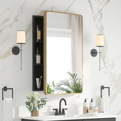 Medicine Cabinet 20 x 28 Inch, Brush Gold Bathroom Medicine Cabinet with Mirror,Metal Beveled Mirror, Adjustable Shelves, Recessed or Wall Mount, Sturdy & Solid, Bathroom Mirror with Storage - color: Gold, size: 20*28inch