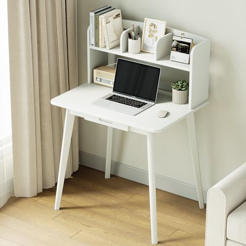 IOTXY Small Writing Desk with Hutch - 31.5" Work Computer Study Table | White , Storage Drawer, Space-saving for Home and Office, with Bookshelves - color: White, size: 31.5-Inch