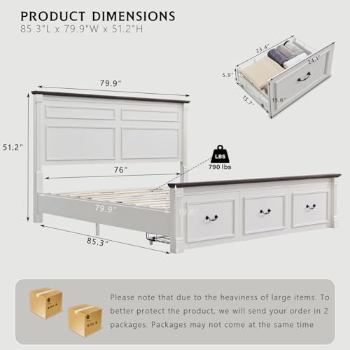 Aitjunz Farmhouse King Size Bed Frame with 51" Tall Headboard, Wood Platform Bed Frame with 20" Tall Roman Column Decoration Footboard & 3 Large Storage Drawers, No Box Spring Needed (White) - color: White, size: King