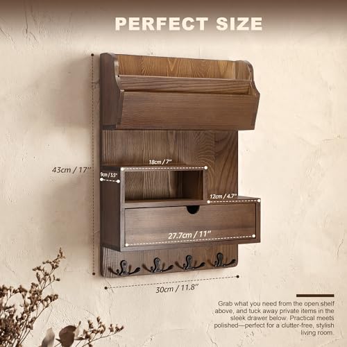 Rebee Vision Pine Wood Key Holder Wall Mount with Drawer & 4 Hooks, Brown | Farmhouse Mail and Key Organizer, 4 Key Hooks, Mail Sorter for Letters, Keep Small Essentials Tidy, Adds Retro Entryway Charm - color: Brown