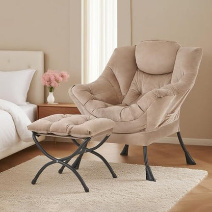Lazy Chair with Ottoman, Comfy Reading Accent Chair, Velvet Khaki | Foldable Footrest, Padded Seat and Backrest, Side Pocket for Lounging in Living Rooms, Bedrooms, Dorms and Small Spaces - color: Khaki