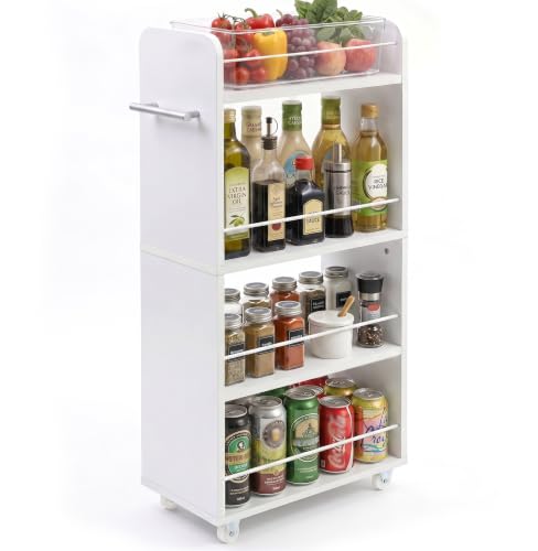 Slim Rolling Storage Cart,4 Tier White Rolling Utility Cart Slide Out Rack | Narrow Spice Rack Organizer Trolley for Kitchen Bathroom Larundry Small Corner 7.7inch wide - size: 4-Tier