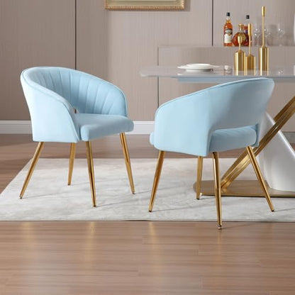 Velvet Home Office Desk Vanity Chair, No Wheels, Gold Legs, Light Blue | Modern Accent Chair with Stylish Stripe Design, Spacious‌ Soft Seat for Girls & Women Bedroom Makeup or Nail Table - color: Blue Velvet, No Wheels