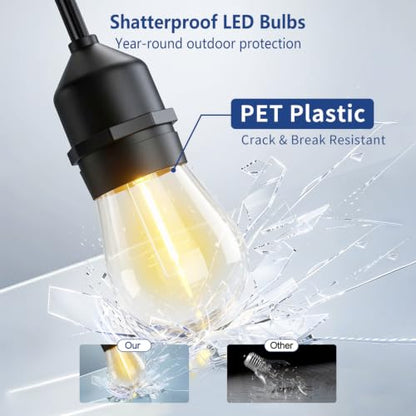 96FT Patio Lights, Remote & Connectable, Outdoor Waterproof | 2FT Bulb Spacing, Heavy Duty Commercial Grade, 18 AWG Cord, 48+4 Shatterproof Bulbs, Timer & Dimmable, IP65, 2700K Warm White - size: 96FT (48 Sockets)