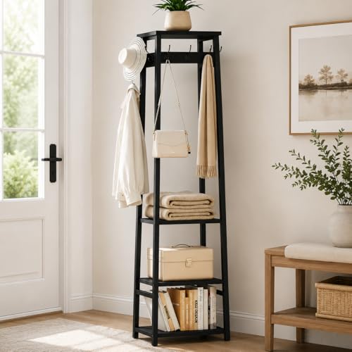 Coat Rack Freestanding with 3 Shelves and 7 Hooks | Coat Stand, Hall Tree Free Standing, Clothes Rack Stand Organizer, Industrial Style, Black - color: Black, style: 3 Shelves