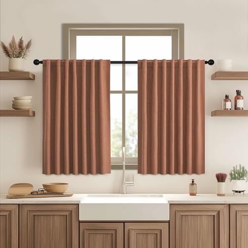 UHITECH 35 Inch Long Short Blackout Curtains for Small Window, Terracotta | Linen Blend, Suitable for Kitchen/Bedroom/Basement/Living Room, Boho, Thermal Insulated, Noise Cancelling, Soundproof - color: Terracotta, size: 50"W x 35"L (Pack of 2)