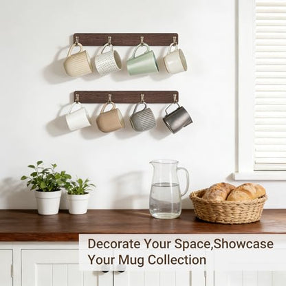 Mkono Wall Mug Holder, Wooden Coffee Cup Hanger Rack with 8 Hooks, Brown | 2 Pcs Storage and Display Mug Shelf, Space Saving, Easy Install, Durable Metal Hooks, Kitchen Dining Coffee Bar Organizer