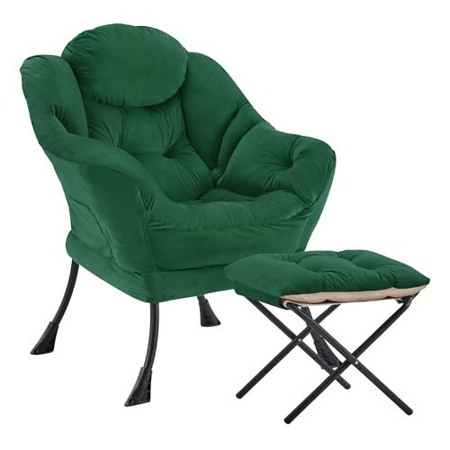 Lazy Chair with Ottoman, Modern Accent Lounge Chair with Side Pocket and Armrests, Cozy Reading Armchair with Footrest, Upholstered Sofa Chair for Small Spaces, Bedroom Living Room, Green - color: Green