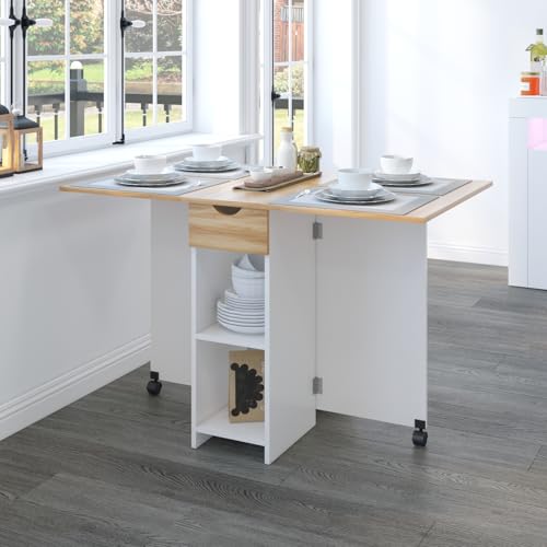 Mondeer Folding Dining Table, Drop Leaf Kitchen Table with 1 Drawer and 2 Open Storage Shelves Small Space Dining Room Kitchen Modern (White & Red Oak) | Storage Drawer and Open Shelves, Rolling Casters, for Small Space Kitchen Flat Dining Room, Red Oak a