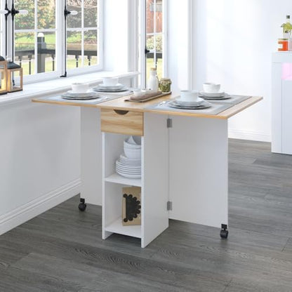 Mondeer Folding Dining Table, Drop Leaf Kitchen Table with 1 Drawer and 2 Open Storage Shelves Small Space Dining Room Kitchen Modern (White & Red Oak) | Storage Drawer and Open Shelves, Rolling Casters, for Small Space Kitchen Flat Dining Room, Red Oak a