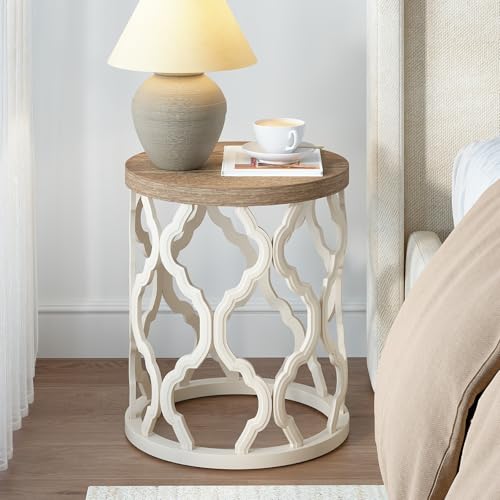 karlott Farmhouse End Table, French Country Round Side Table, Beige | Curved Motif Frame Base With Distressed Tray Top, Boho Accent Table Ideal, End Tables for Living Room, Small Space, Bedroom - size: End Table 18.5 Inches