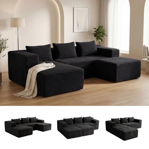 Modular Boneless U-Shaped Couches for Living Room with Side Pockets | Modern Sectional Boneless Corduroy Fluffy Couch Sofa with Deep Seat and Non-Slip Base, No Assembly, Black - color: Black, size: U-Shaped