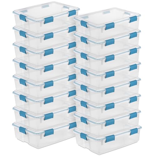 Sterilite Gasket Storage Box with Lids for Home & Office, 37 Quart, 16-Pack | Heavy-Duty, Stackable, and Organizing Containers for Bathroom, Cabinet, Closet, and Garage, Clear and Blue Aquarium Latches - size: 37 Quart, style: 16 Pack