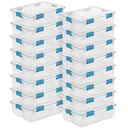 Sterilite Gasket Storage Box with Lids for Home & Office, 37 Quart, 16-Pack | Heavy-Duty, Stackable, and Organizing Containers for Bathroom, Cabinet, Closet, and Garage, Clear and Blue Aquarium Latches - size: 37 Quart, style: 16 Pack