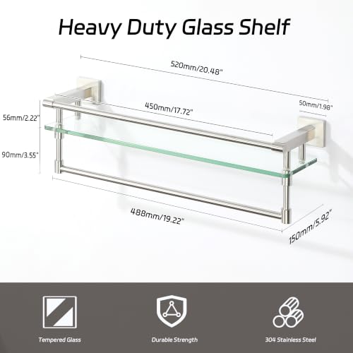 Alise Bathroom Shelf with Towel Bar, 20 Inch Brushed Nickel Glass Shelf | Floating Glass Shelves for Bathroom Wall, Tempered Glass, SUS304 Stainless Steel - color: Brushed Nickel, size: 20 In