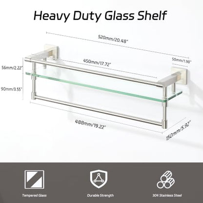 Alise Bathroom Shelf with Towel Bar, 20 Inch Brushed Nickel Glass Shelf | Floating Glass Shelves for Bathroom Wall, Tempered Glass, SUS304 Stainless Steel - color: Brushed Nickel, size: 20 In