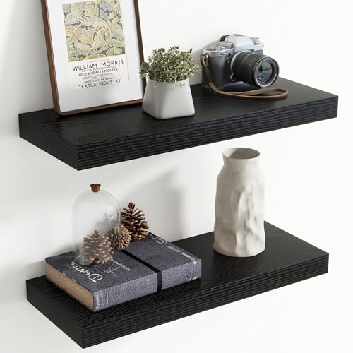 24 Inch Floating shelves for Wall, 8 Inch Deep, Invisible Brackets, Black | Rustic Wall Mounted Shelf, Storage & Display, Wooden Shelves for Living Room, Kitchen, Bathroom and Home Decor, Set of 2 - color: Black, size: 24 Inch, Set of 2