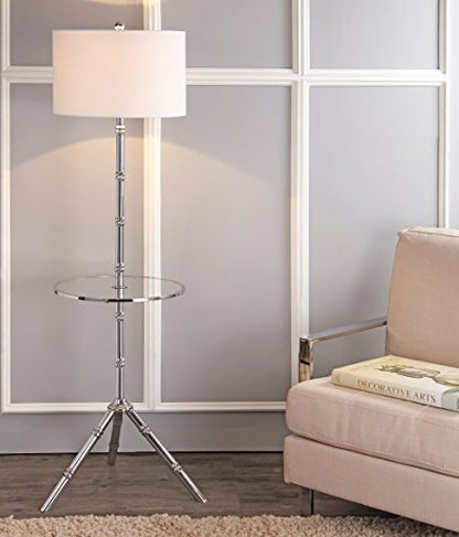 JONATHAN Y Hall 62" Metal LED End Table Floor Lamp, Chrome | 20.5" Round Surface, White Linen Drum Shade, Modern Tripod Base, Standing Light, Living Room, Bulb Included - color: Chrome