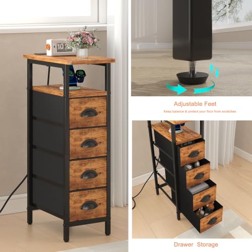 sthmec Nightstand Set 2 with Charging Station, Narrow End Table Set of 2 with 4 Drawers, LED Side Table with Fabric Drawers,Slim Sofa Couch Tables for Small Spaces,Living Room,Bedroom,Rustics Brown - color: Rustic Brown, style: Power & LED