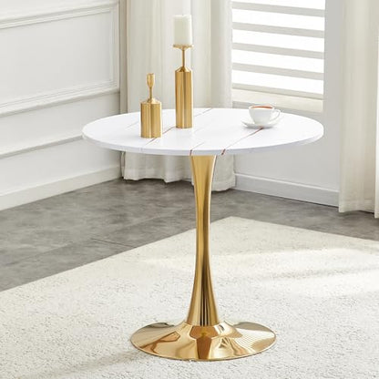 31.5" Round Dining Table, Mid-Century Modern Tulip Table with Thickened Tabletop & Metal Pedestal, Circle Bistro Table for Kitchen, Small Places, Apartments, Cafe - color: White Gold, size: 31.5" dining table