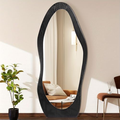 Full Length Mirror Black Irregular Wavy Mirrors 59" x 24" Asymmetrical Wall-Mounted Full Body Standing Mirror Wood Frame Mirrors for Cloakroom Bedroom Living Room - color: Black