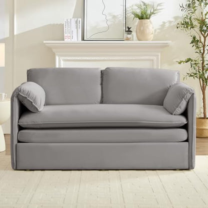 ijuicy 3 in 1 Convertible Sofa Bed, Queen Size Pull Out Sofa Bed with 2 Side Pockets & Soft Armrest,60" Velvet Loveseat Sleeper Sofa with 4" Mattress for Living Room Furniture,Small Spaces-Light Grey | with 2 Side Pockets & Soft Armrest,60" Velvet Lovesea