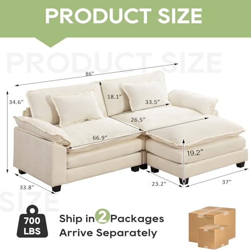 86" Modular Sectional Sofa, Comfy Deep Cloud Couch with Ottoman | L-Shaped Couches for Living Room, Modular Couch, Deep and Wide Seat, Chenille Sofa Sleeper with Throw Pillows, Beige White - color: Beige White, size: 86 Inch L