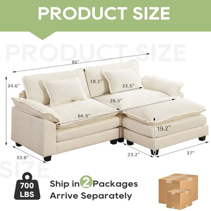 86" Modular Sectional Sofa, Comfy Deep Cloud Couch with Ottoman | L-Shaped Couches for Living Room, Modular Couch, Deep and Wide Seat, Chenille Sofa Sleeper with Throw Pillows, Beige White - color: Beige White, size: 86 Inch L