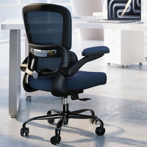 TRALT Ergonomic Office Chair Desk Chair with Adjustable Lumbar Support | Desk Chair Comfy with Flip-up Armrests Ergonomic Chair - Mesh Computer Chairs for Adults, 330lbs, PU Leather (Navy Blue, 1) - color: Navy Blue, size: Pack of 1