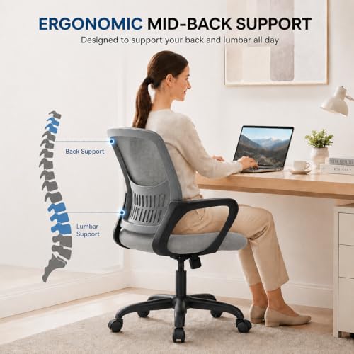 Ergonomic Office Chair, Home Office Desk Chair, Game Chair with Lumbar Support, Breathable Mesh Chairs, Swivel Desk Chairs for Computer, Home, Office, 360° Swivel (Grey) - color: Grey With Fixed Armrest