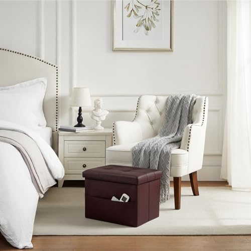 Bsketa Storage Ottoman Bench, 16" Folding Leather Foot Rest, Brown 2 Pack | Small Ottoman with Side Pockets, Thicker Foam Padded Seat, Livingroom, Dorm, Bedroom, Easy to install, 38L, 16x12x12in - color: Brown 2 Pack-with Side Pockets.