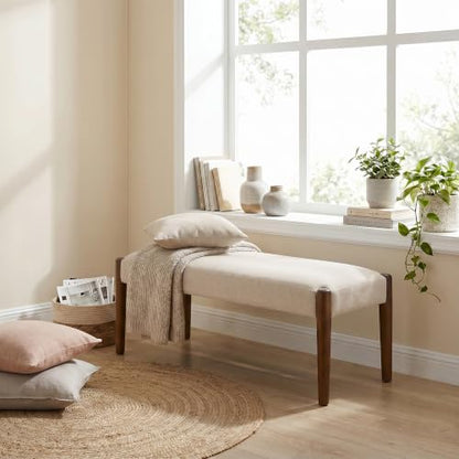 Usaint 42" End of Bed Bench with Wood Legs, Beige with Walnut Leg | Modern Upholstered Bedroom Bench with Rubberwood Legs, Entryway Bench with Cushion, Dining Bench for Living Room, Bedroom - color: Beige With Walnut Leg