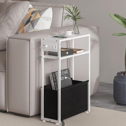 Leomonio White Side Table with Charging Station, Slim End Tables with Fabric Basket, Skinny Table for Small Spaces, Thin Bedside Table for Living Room, Bedroom - color: White - Outlet