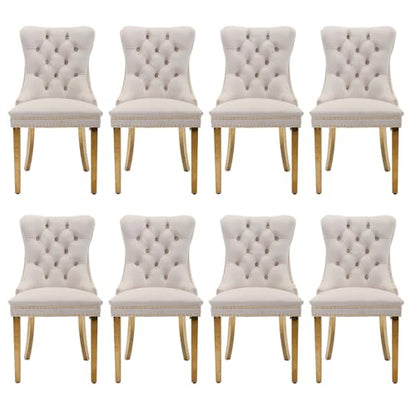 Velvet Upholstered Dining Chairs Set of 8, Modern Style Kitchen Side Chairs with Nailhead Trim and Gold Plated Leg, Metal Pulling Ring for Dining Room Living Room(Beige) - color: Beige-gold Plated Leg, size: Set of 8
