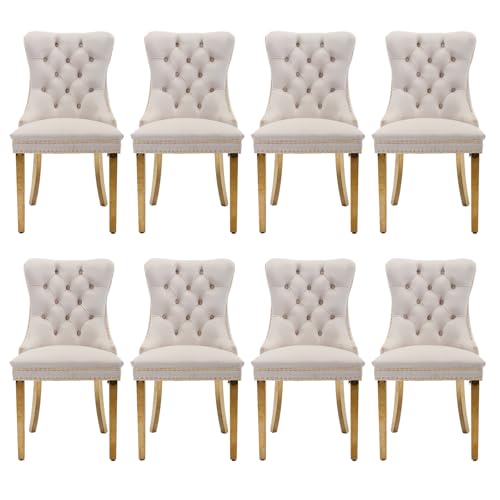 Velvet Upholstered Dining Chairs Set of 8, Modern Style Kitchen Side Chairs with Nailhead Trim and Gold Plated Leg, Metal Pulling Ring for Dining Room Living Room(Beige) - color: Beige-gold Plated Leg, size: Set of 8
