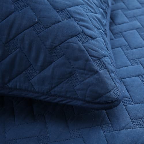 Wistown Cotton Queen Bedspread Quilt Bedding Set, Navy Blue | 3 Pieces Reversible Lightweight Soft Coverlets Comforters, All Seasons, Weave Stitching Pattern - color: Navy Blue Weave Pattern, size: Queen (90 by 98inch)