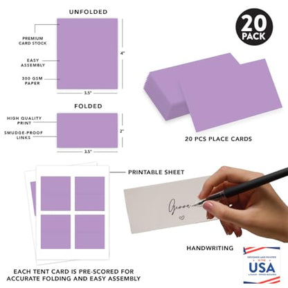 Andaz Press Table Tent Printable Place Cards, Lavender 20-Pack, Seat Placement Cards For Table Settings Name Cards for Bridal Wedding, School Graduation Food Card Purple Place Cards - color: Lavender