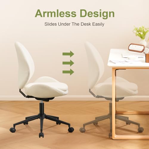 Armless Office Chair with Wheels, Luxury Chenille Swivel Desk Chair with Ergonomic Curved Teardrop Back, Double-Layer Seat, Modern Vanity Chair for Makeup, Home Office, Cream White - color: Cream White, size: Teardrop Back