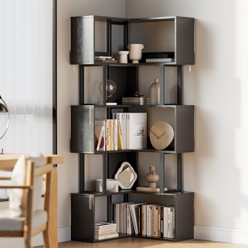 Garvee Corner Bookshelf, 62.6" Tall Metal Wooden Bookcase, Modern Freestanding Corner Shelf with Baffle, 5-Tier L-Shaped Display Rack Storage Organizer for Home Office, Living Room | Modern Freestanding Corner Shelf with Baffle, 5-Tier L-Shaped Display Ra