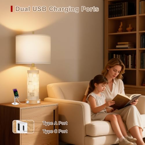 KIVDITZO 27" Alabaster and Wood Table Lamps Set of 2 with Night Light | Nightstand Lamps with USB Ports, White Linen Fabric Shade, Bedside Lamp for Living Room Bedroom Home Office Hotel Bar House - color: Cream White